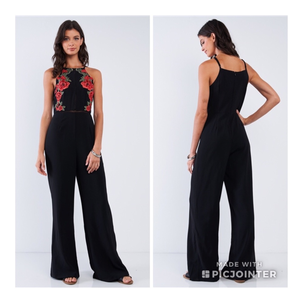 Black Jumpsuit Floral Embroidery